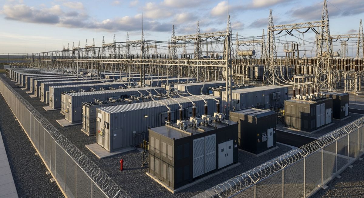 Utility-scale Battery Energy Storage Systems facility connected to a high-voltage electrical substation for grid stabilization.