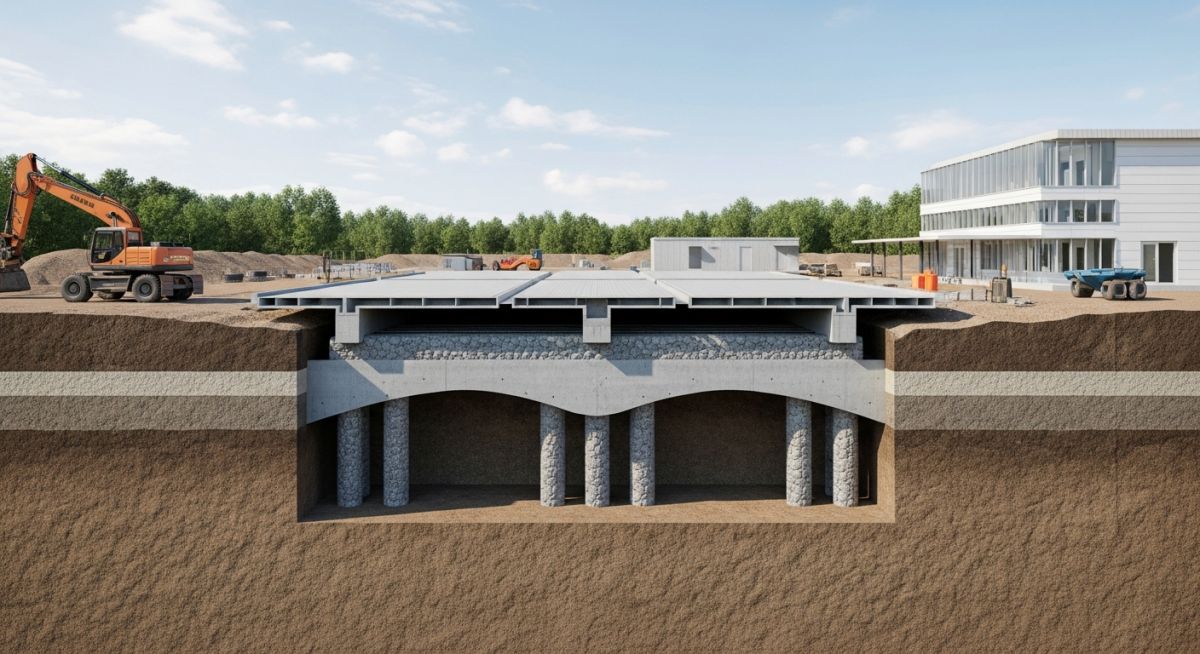 Cross-section diagram showing Ground Improvement for Data Centres using stone columns and deep soil mixing beneath a concrete foundation slab.
