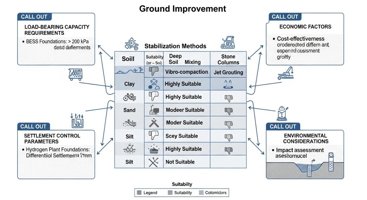 Technical decision matrix for selecting ground improvement techniques in renewable energy infrastructure.