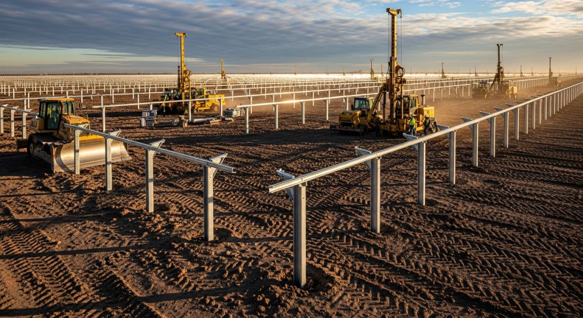 Construction site showing ground improvement techniques applied to a large-scale solar energy project with steel pile foundations.