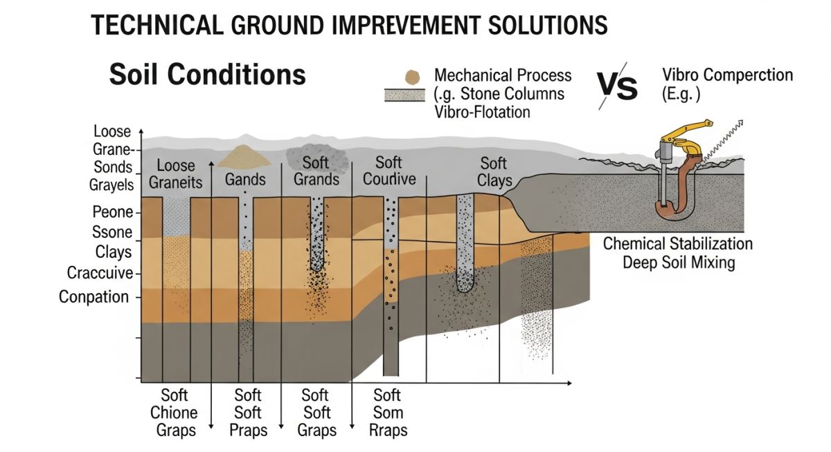 Technical matrix comparing soil types and ground improvement methods for data centre foundations.