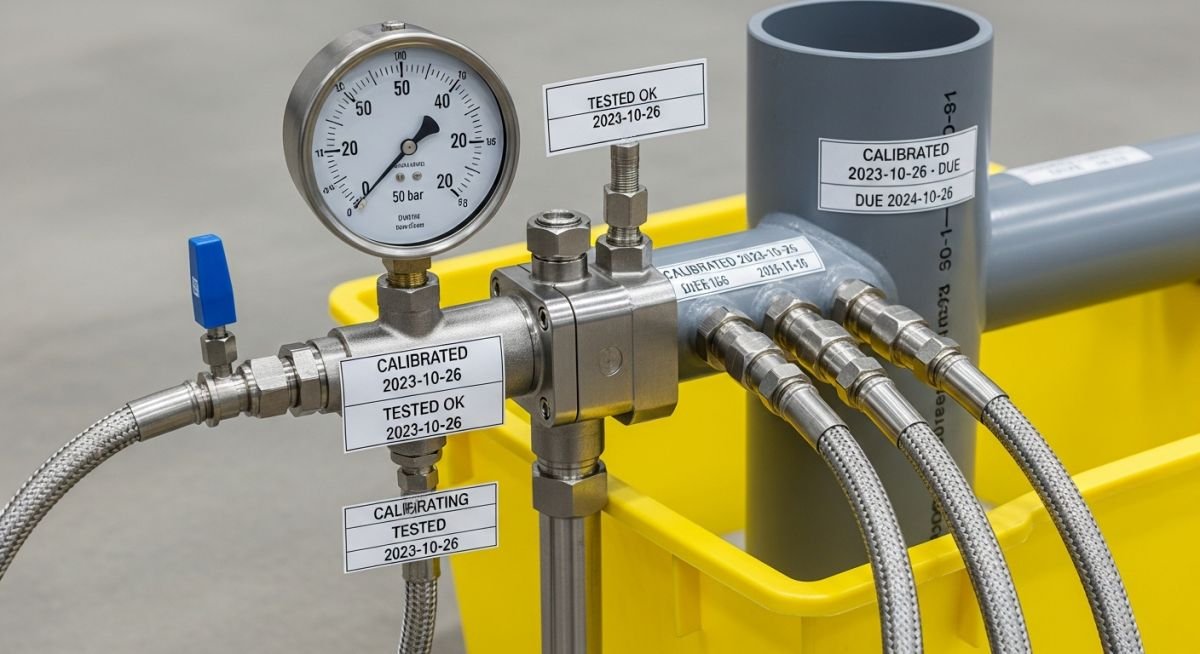 Professional hydrostatic test setup for GRP and GRE piping systems featuring calibrated gauges and manifold assembly.