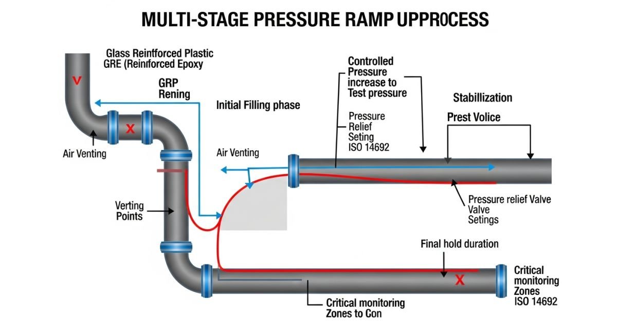 Pressure ramp rate and hold time profile for composite piping