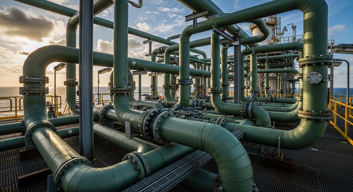 Industrial installation of GRP piping systems complying with ISO 14692-2017 standards.