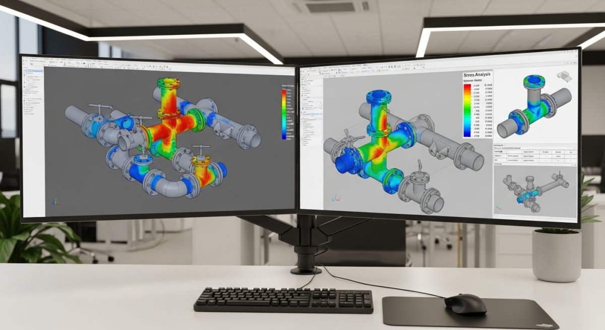 3D stress analysis model of GRP piping system in START-PROF software showing stress distribution.