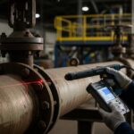 Technician performing Positive Material Identification testing on industrial piping using a handheld XRF analyzer.