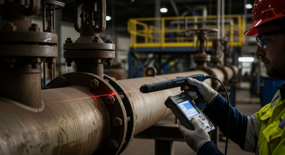 Technician performing Positive Material Identification testing on industrial piping using a handheld XRF analyzer.