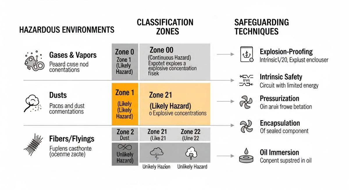 Technical diagram showing hazardous environment classifications and engineering safeguarding methods