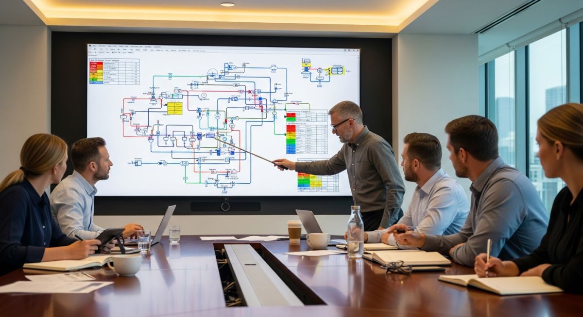 An engineering team conducting a HAZOP analysis session using a P&ID diagram on a screen.