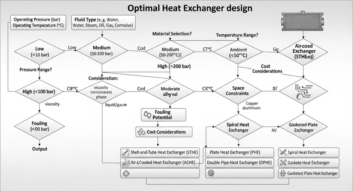 Heat exchanger selection flowchart diagram showing decision paths based on pressure, temperature, and fluid properties
