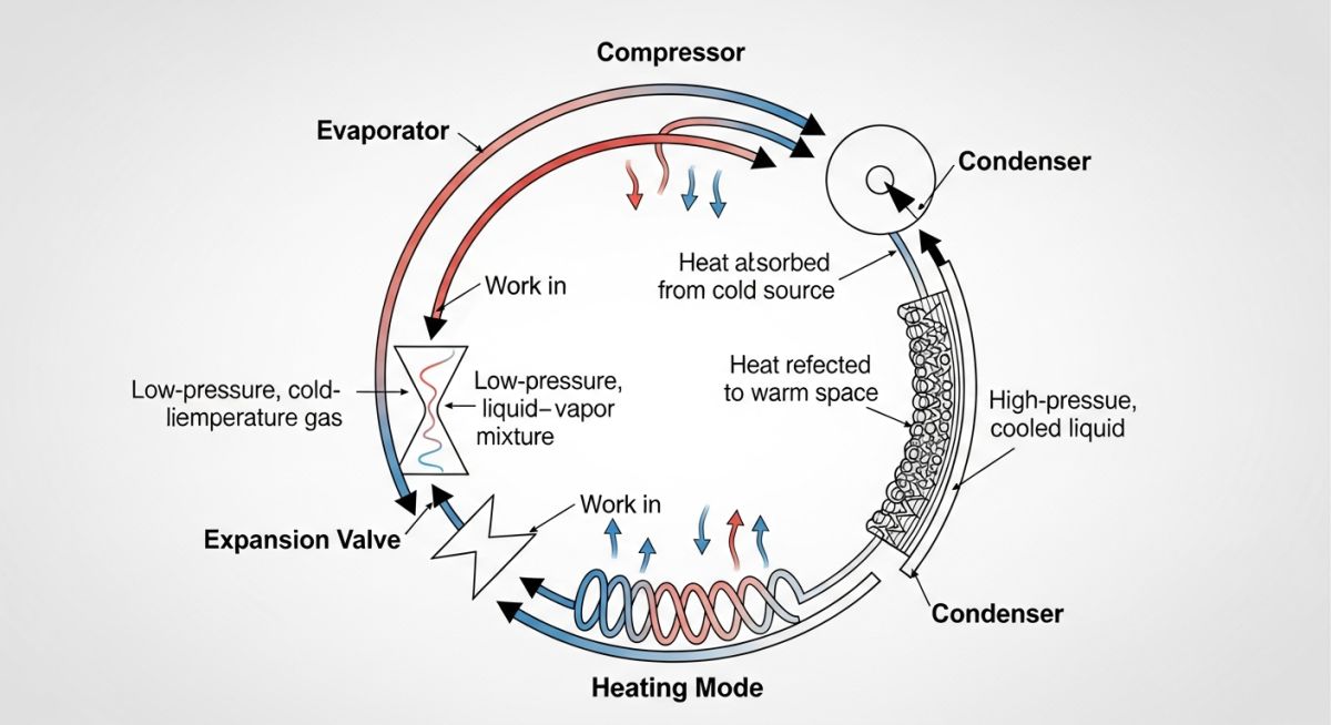 Technical diagram of a heat pump refrigeration cycle showing heating and cooling modes