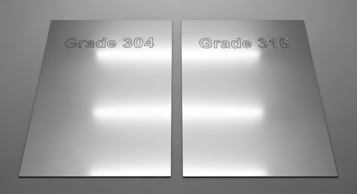 Side-by-side comparison of polished 304 and 316 stainless steel metal sheets.