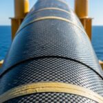 Close-up of a composite-wrapped pipeline on an offshore oil rig showing woven fiber texture.