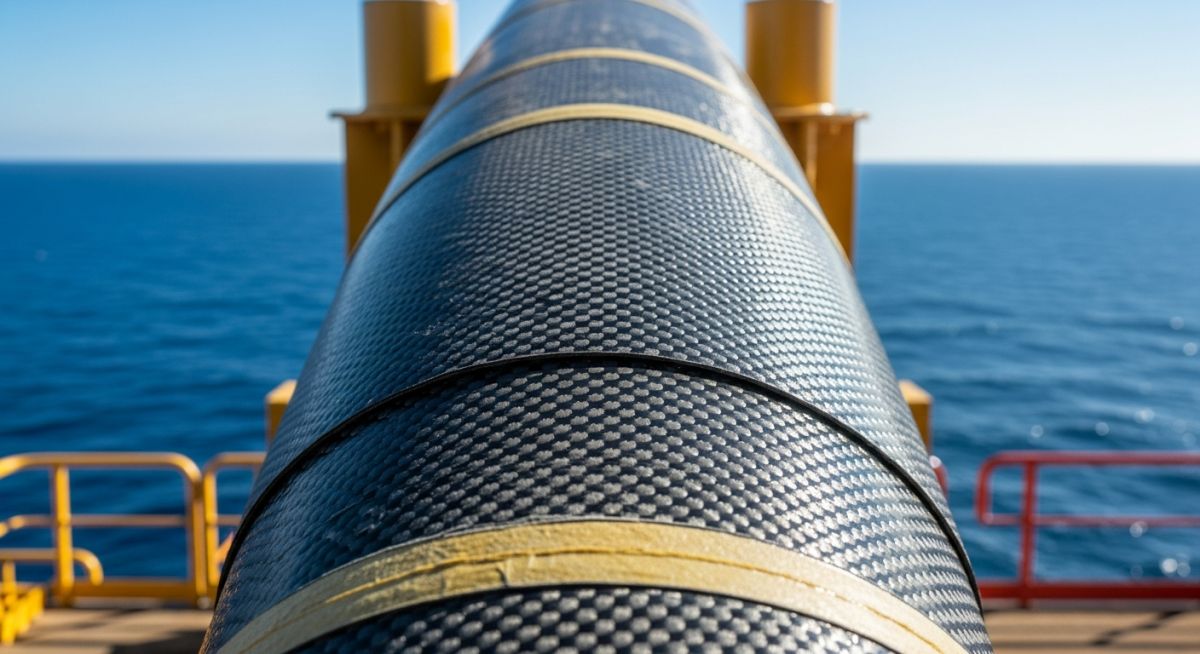 Close-up of a composite-wrapped pipeline on an offshore oil rig showing woven fiber texture.