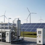 Modern green hydrogen plant with integrated solar panels and wind turbines, showcasing renewable energy powering electrolyzer technology.