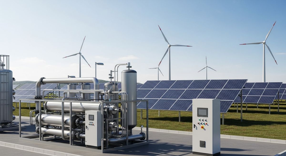 Modern green hydrogen plant with integrated solar panels and wind turbines, showcasing renewable energy powering electrolyzer technology.