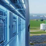 Modern high-density data centre server room with liquid cooling systems and renewable energy integration in the background.