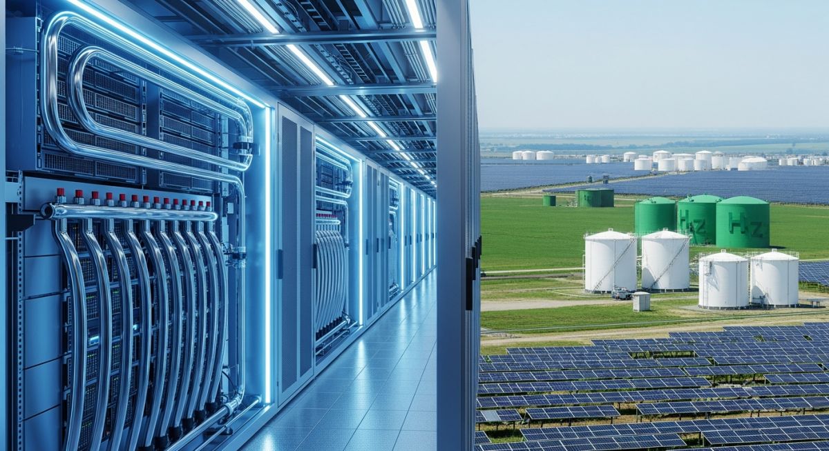 Modern high-density data centre server room with liquid cooling systems and renewable energy integration in the background.