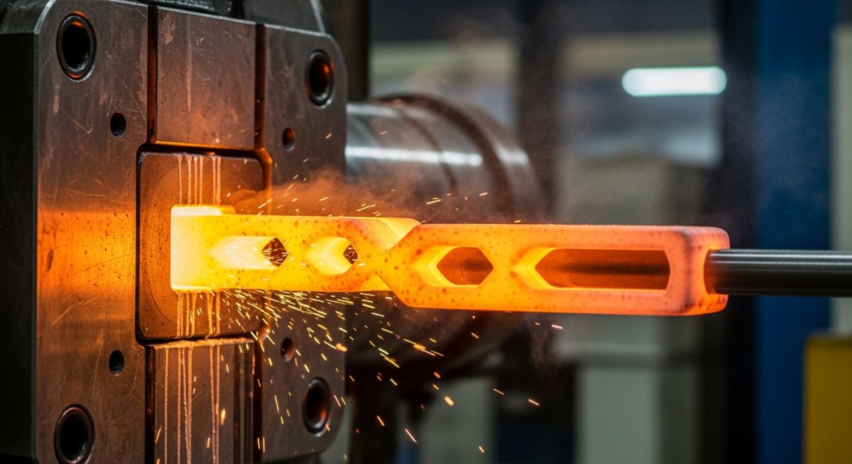 A hot aluminum profile emerging from a steel extrusion die in an industrial manufacturing plant.