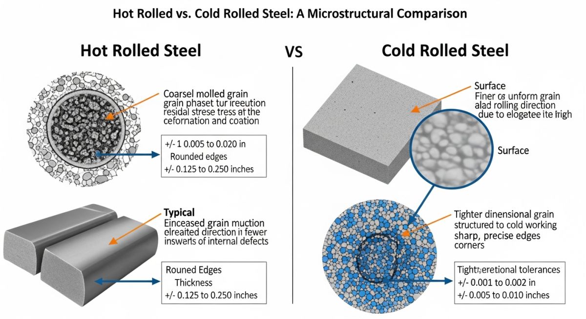 Technical infographic comparing hot rolled and cold rolled steel properties