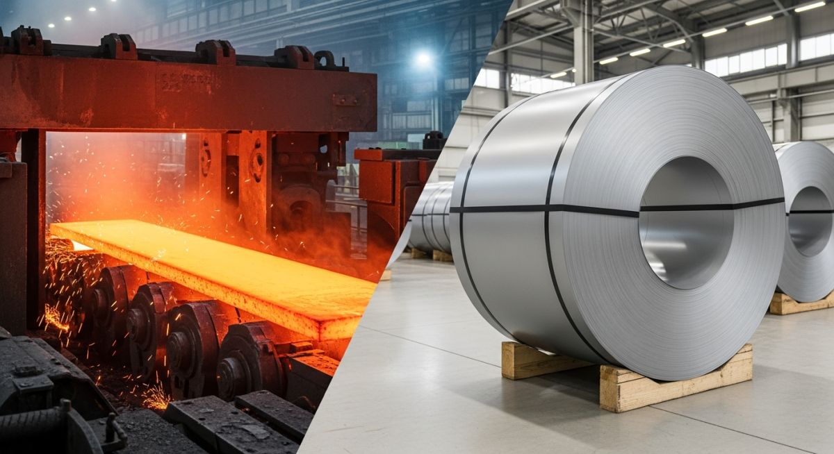 Side-by-side comparison of glowing hot rolled steel in a mill and smooth, finished cold rolled steel coil.