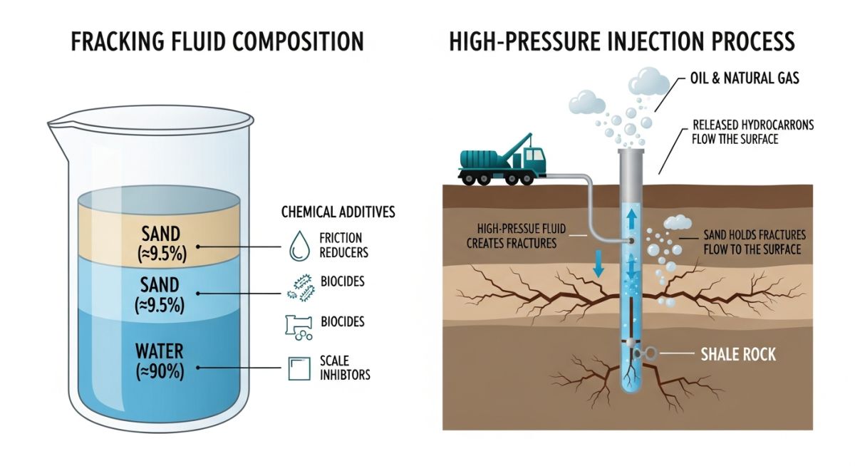 How fracking works step by step infographic showing perforation, fluid injection, and proppant placement