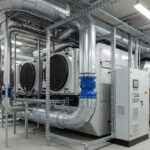 Industrial mechanical room showing large air handling units and complex ductwork for HVAC systems.