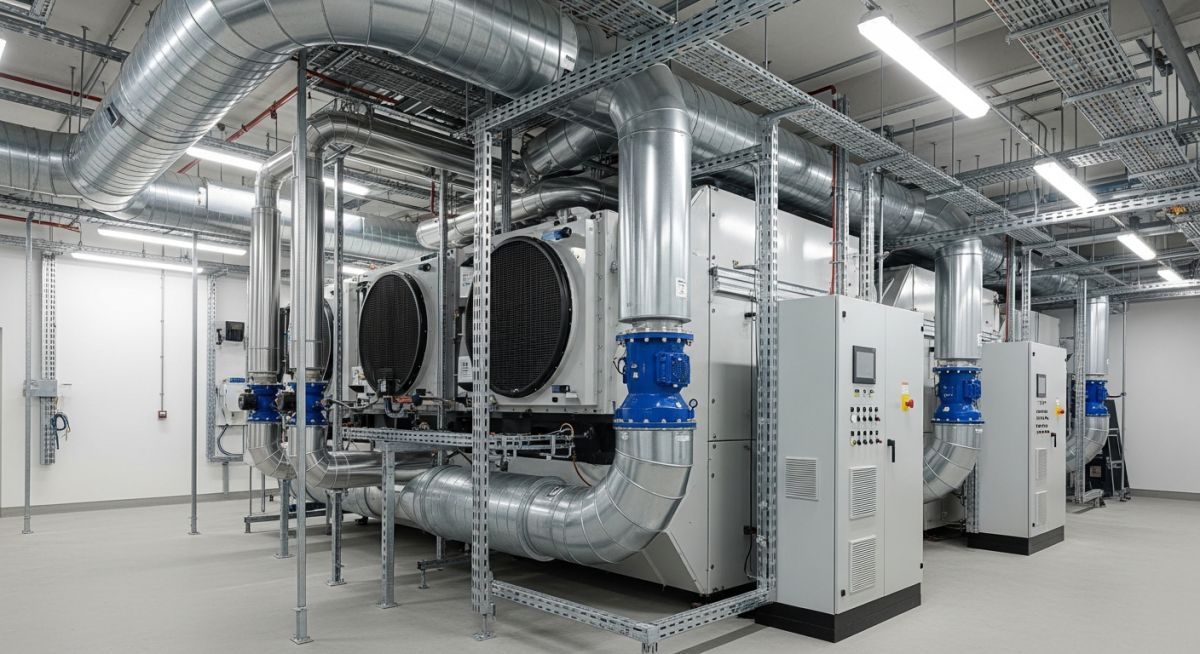 Industrial mechanical room showing large air handling units and complex ductwork for HVAC systems.