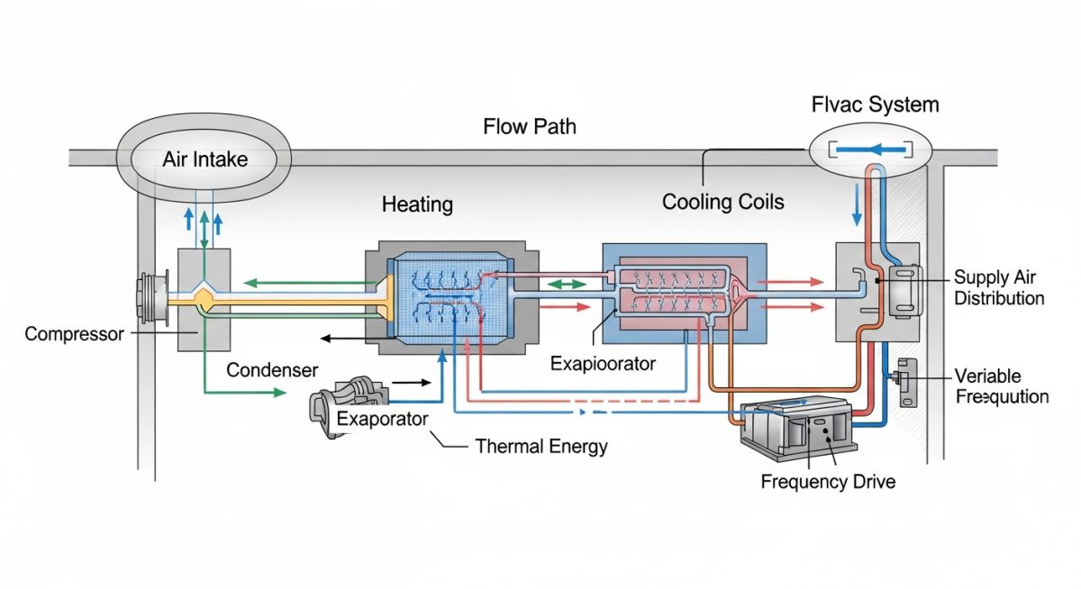 Technical infographic of HVAC refrigeration cycle