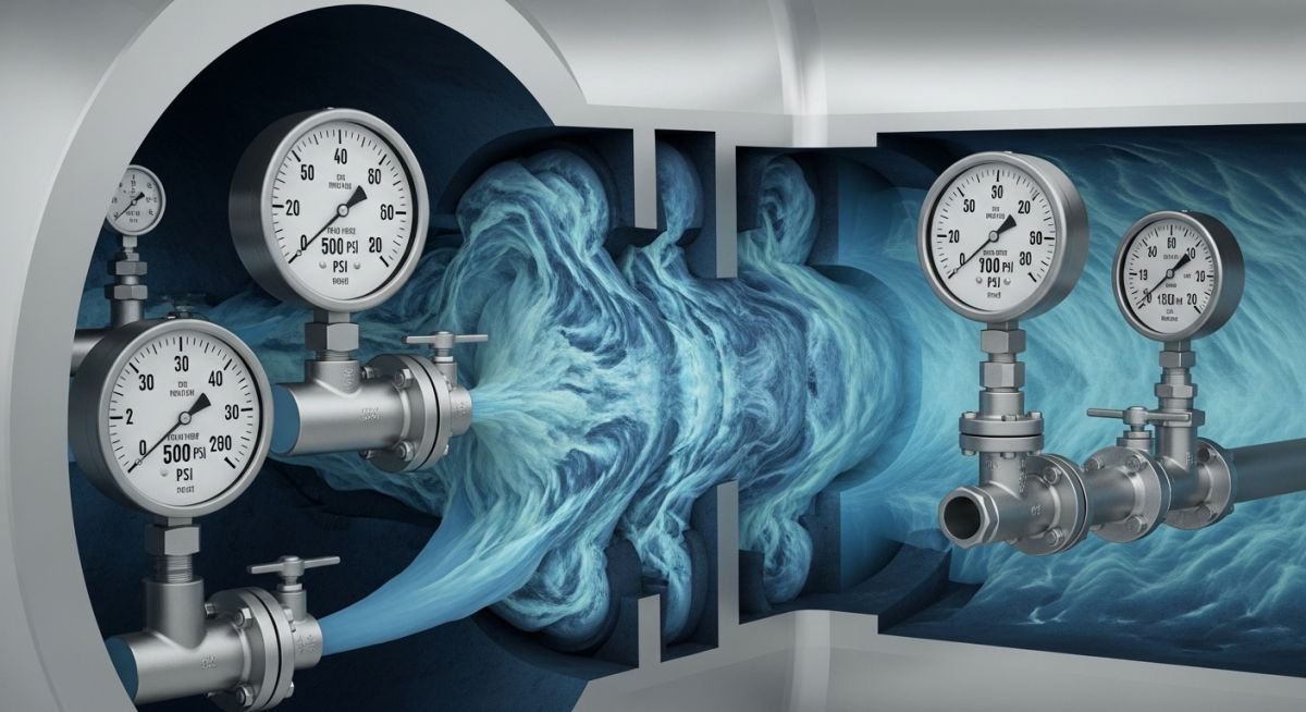 Industrial piping manifold showing pressure gauges and flow control valves for hydraulic calculation analysis.