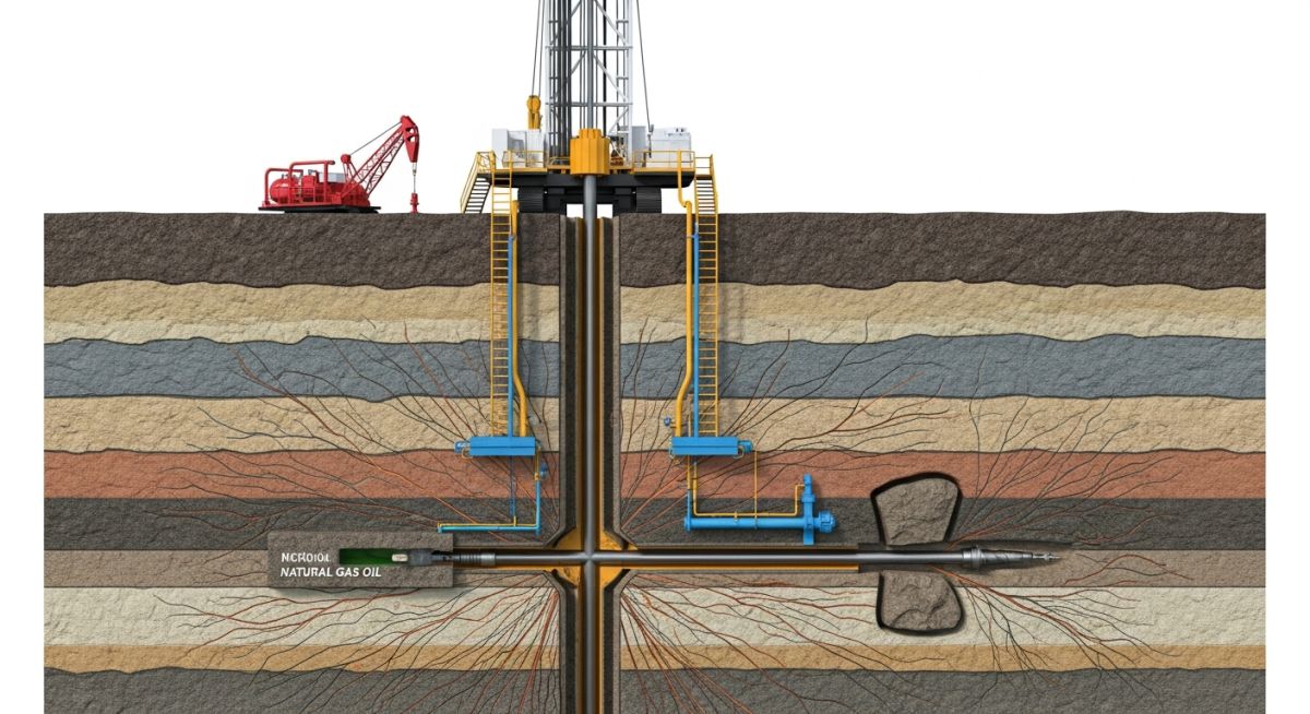 3D cross-section diagram of a hydraulic fracturing rig drilling into underground shale rock formations.