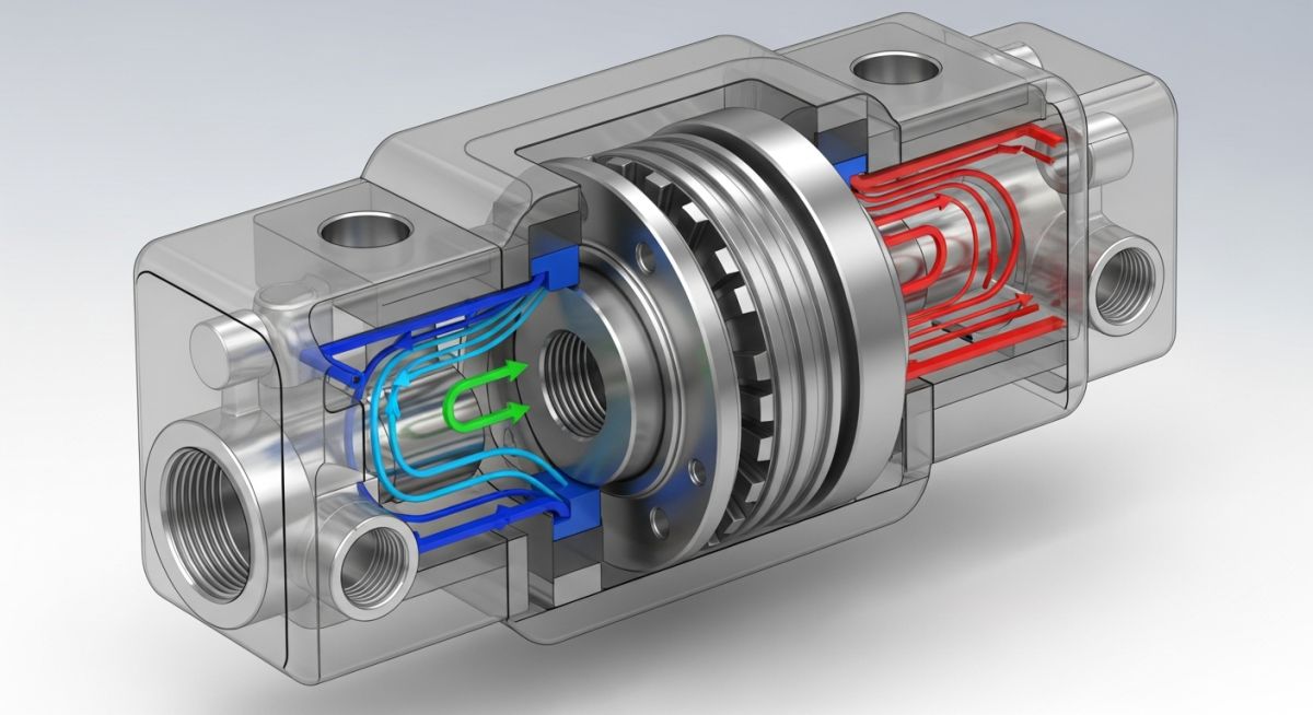 3D cross-section render of a hydraulic spool valve showing internal lands and flow paths.