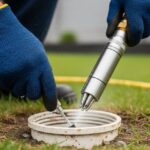 Professional technician inserting a high-pressure hydro jetting nozzle into a sewer pipe cleanout.