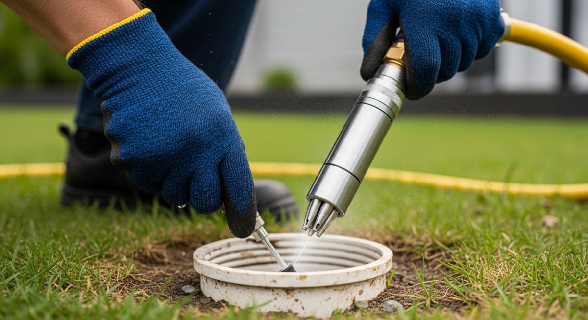 Professional technician inserting a high-pressure hydro jetting nozzle into a sewer pipe cleanout.
