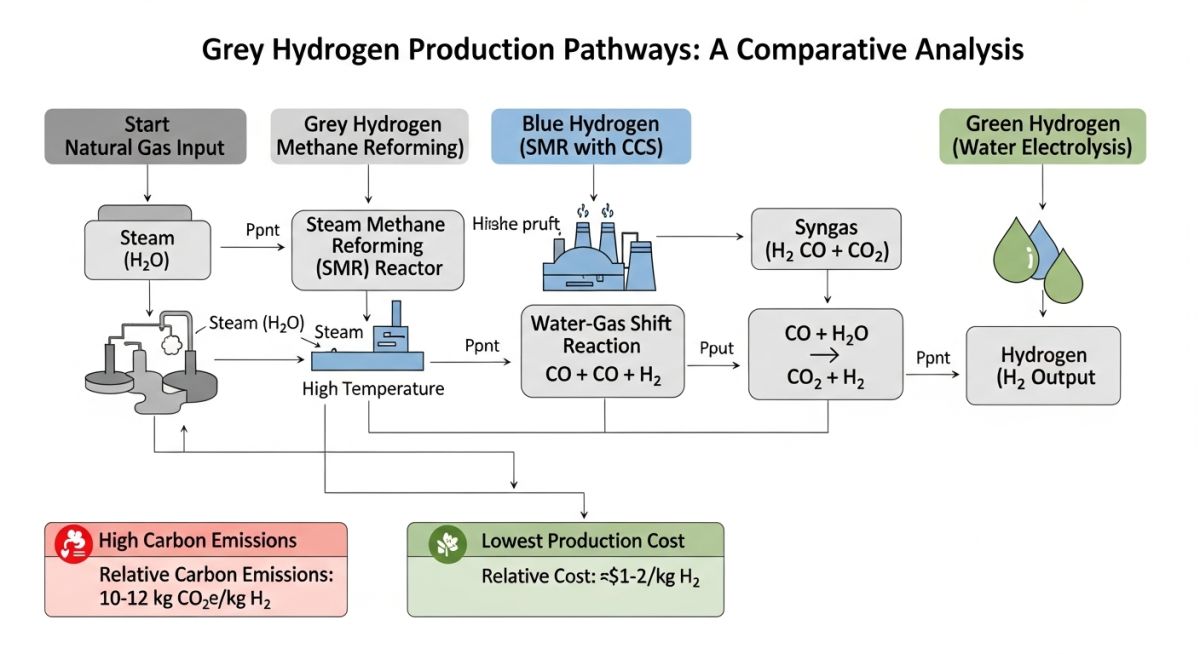 Hydrogen color classification and production flowchart showing grey, blue, and green pathways