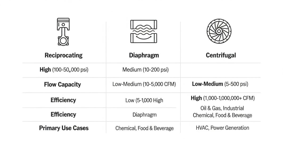Hydrogen compressor types comparison chart showing pressure and flow ranges