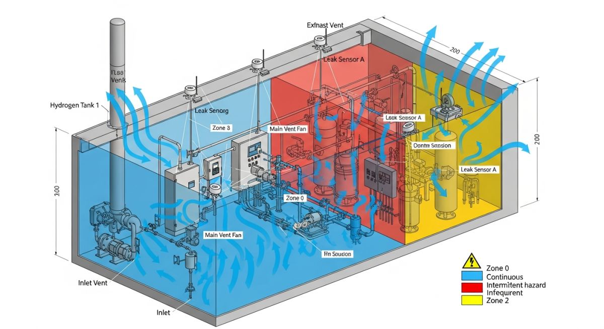 Hydrogen leak detection and ventilation system layout