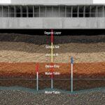 Cross-section view of a hydrogen plant foundation showing soil strata and structural reinforcement for geotechnical analysis.