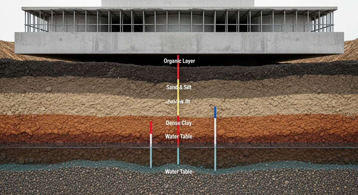 Cross-section view of a hydrogen plant foundation showing soil strata and structural reinforcement for geotechnical analysis.
