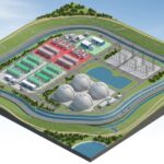 3D isometric rendering of a green hydrogen plant site showing precise grading, drainage slopes, and equipment placement for industrial civil engineering.