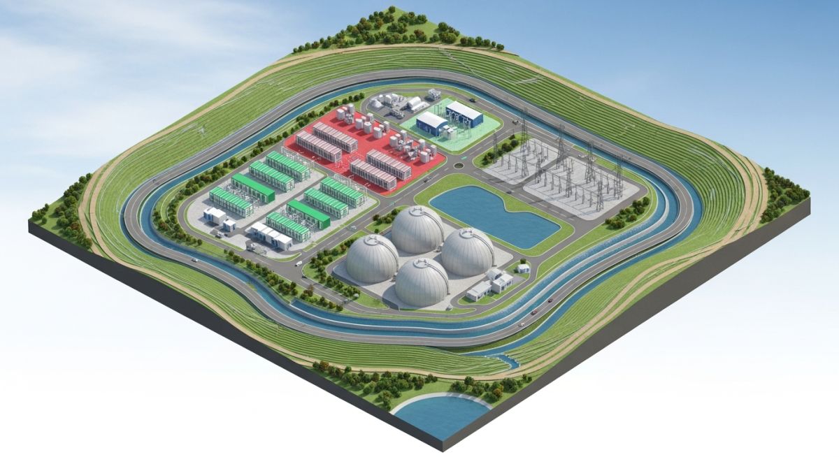 3D isometric rendering of a green hydrogen plant site showing precise grading, drainage slopes, and equipment placement for industrial civil engineering.