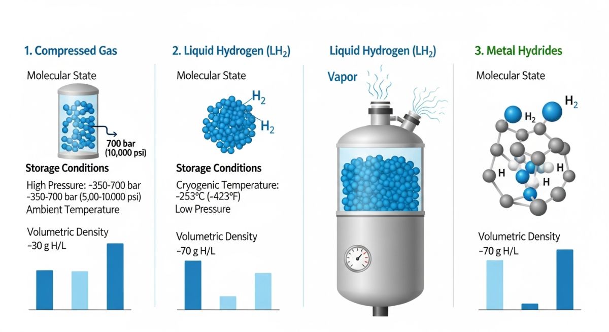 Hydrogen storage technologies comparison infographic