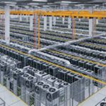 Isometric view of a modern hyperscale data centre floor showing server racks, overhead power busways, and containment cooling systems.