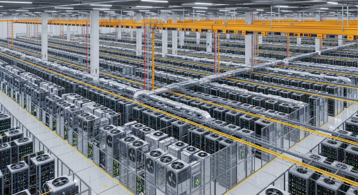 Isometric view of a modern hyperscale data centre floor showing server racks, overhead power busways, and containment cooling systems.