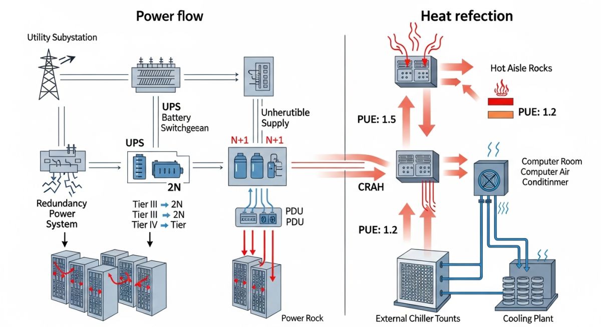 Technical infographic showing power distribution and cooling loops in hyperscale data centres.