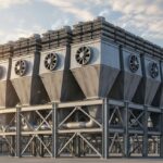 Industrial air cooled heat exchanger unit with axial fans in a refinery setting.