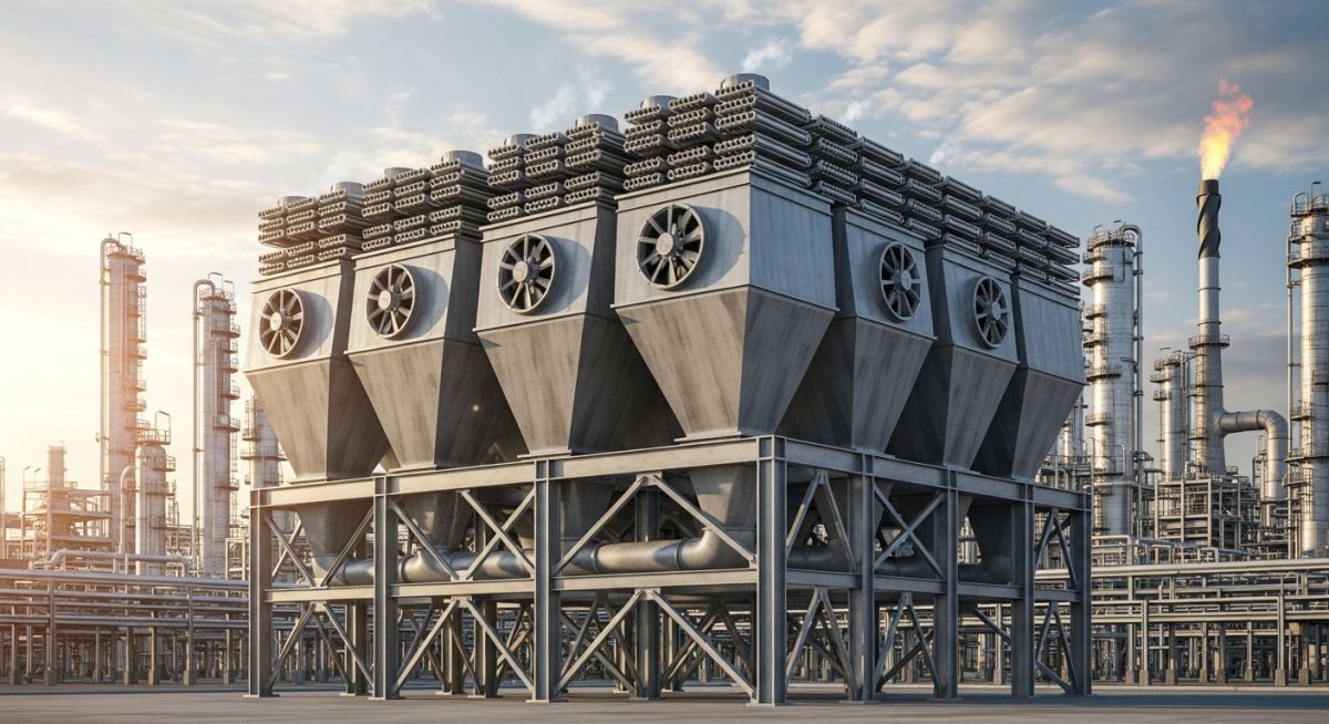 Industrial air cooled heat exchanger unit with axial fans in a refinery setting.
