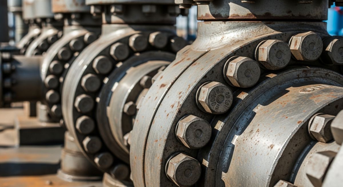 Heavy-duty steel API flanges bolted together on an industrial wellhead assembly.