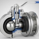 3D cutaway diagram of an industrial ball valve showing internal components like the ball, stem, and seats.