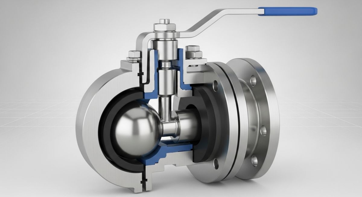 3D cutaway diagram of an industrial ball valve showing internal components like the ball, stem, and seats.
